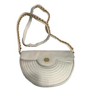 80s 90s White Leather Semi Circle Shoulder Bag Gold Chain Accents